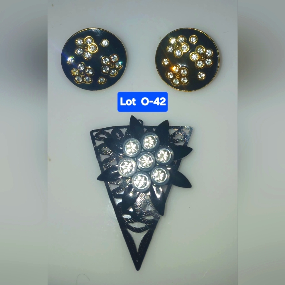 Black and Gold Toned Rhinestone Brooch and Earring Lot